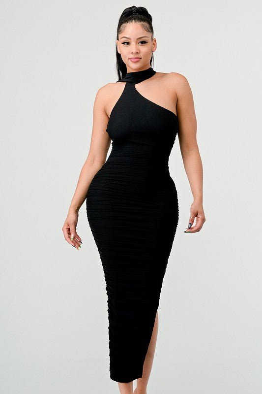 Black Luxe Mesh Asymmetric Back Draped Ruched Midi Dress - STYLED BY ALX COUTUREDRESS