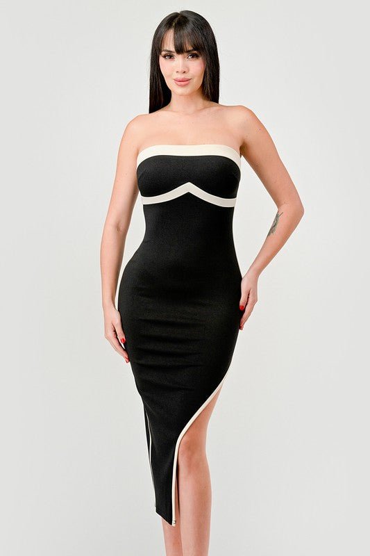 Black Luxe Nylon Ponte Contrast Slitted Midi Tube Dress - STYLED BY ALX COUTUREDRESS