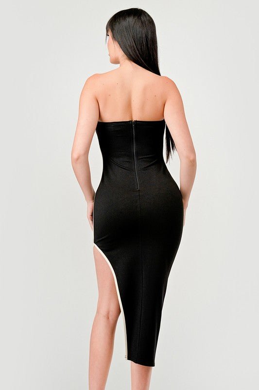 Black Luxe Nylon Ponte Contrast Slitted Midi Tube Dress - STYLED BY ALX COUTUREDRESS