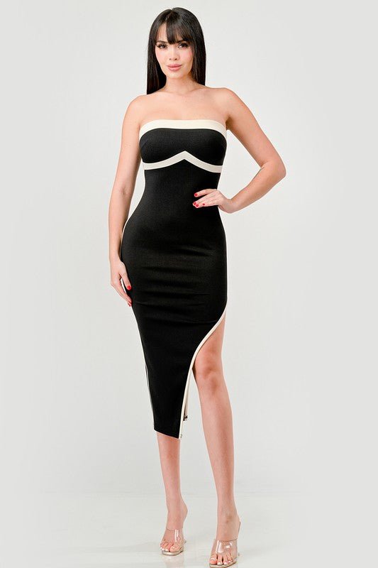 Black Luxe Nylon Ponte Contrast Slitted Midi Tube Dress - STYLED BY ALX COUTUREDRESS