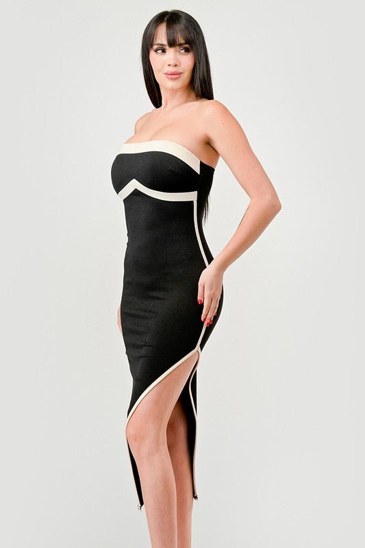 Black Luxe Nylon Ponte Contrast Slitted Midi Tube Dress - STYLED BY ALX COUTUREDRESS