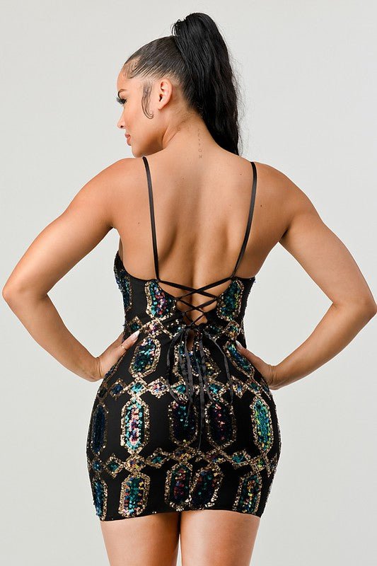 Black Luxe Pattern Sequins Drawstring Lace Up Mini Dress - STYLED BY ALX COUTUREDRESS