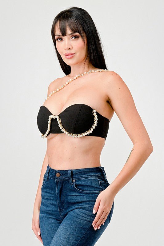 Black Luxe Pearl Trim Sweetheart Bralette Cropped Top - STYLED BY ALX COUTUREShirts & Tops