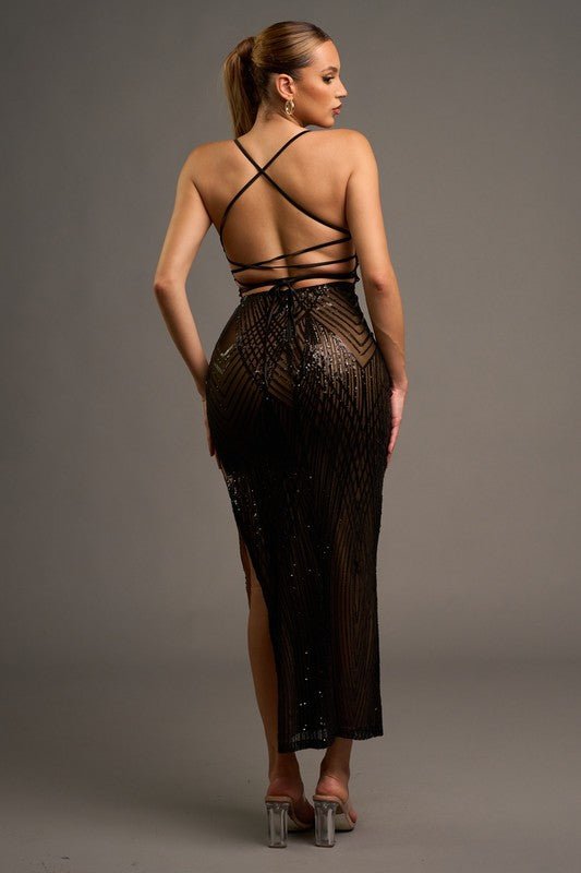 Black Luxe Sequins Mesh Drawstring Bodycon Maxi Dress - STYLED BY ALX COUTUREDresses