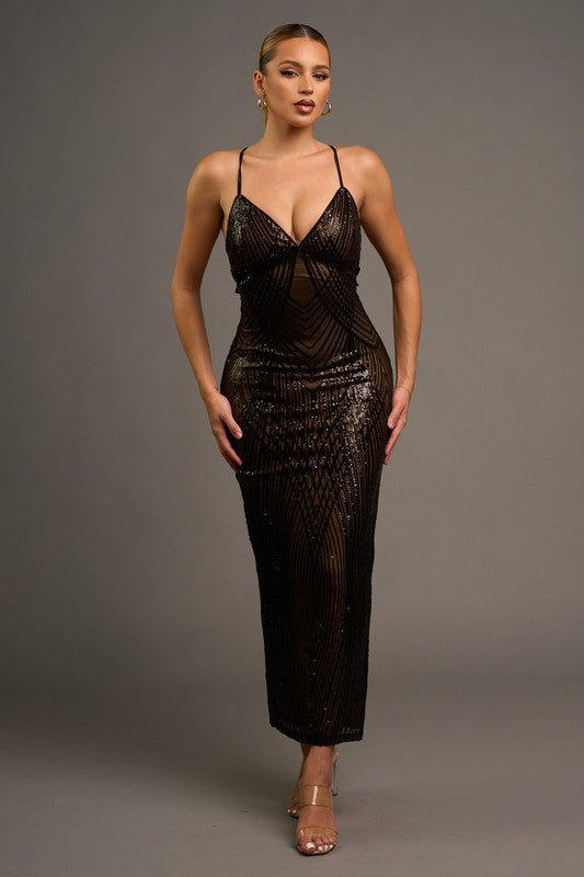 Black Luxe Sequins Mesh Drawstring Bodycon Maxi Dress - STYLED BY ALX COUTUREDresses