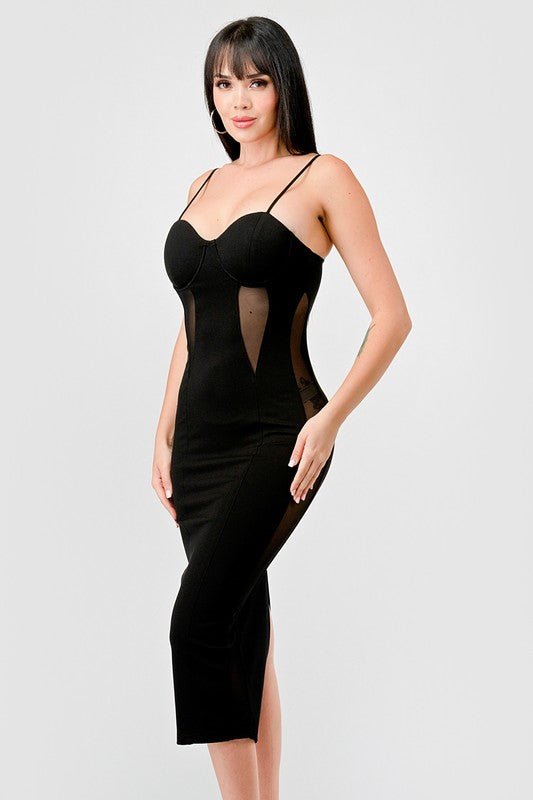 Black Luxe Sweethear See - Thru Contrast Midi Dress - STYLED BY ALX COUTUREDRESS