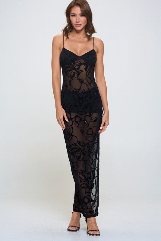 Black Mesh Glitter Slit Maxi Dress - STYLED BY ALX COUTUREDRESS