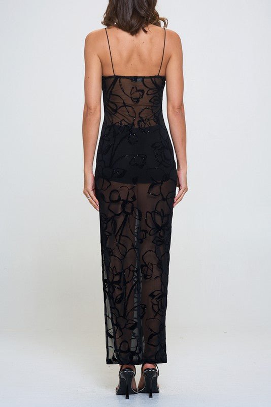 Black Mesh Glitter Slit Maxi Dress - STYLED BY ALX COUTUREDRESS