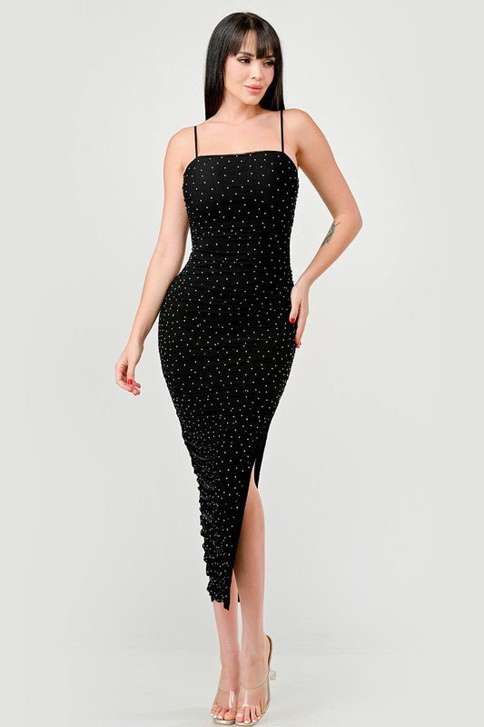 Black Mesh Rhinestone Midi Dress - STYLED BY ALX COUTUREDRESS