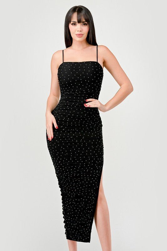 Black Mesh Rhinestone Midi Dress - STYLED BY ALX COUTUREDRESS