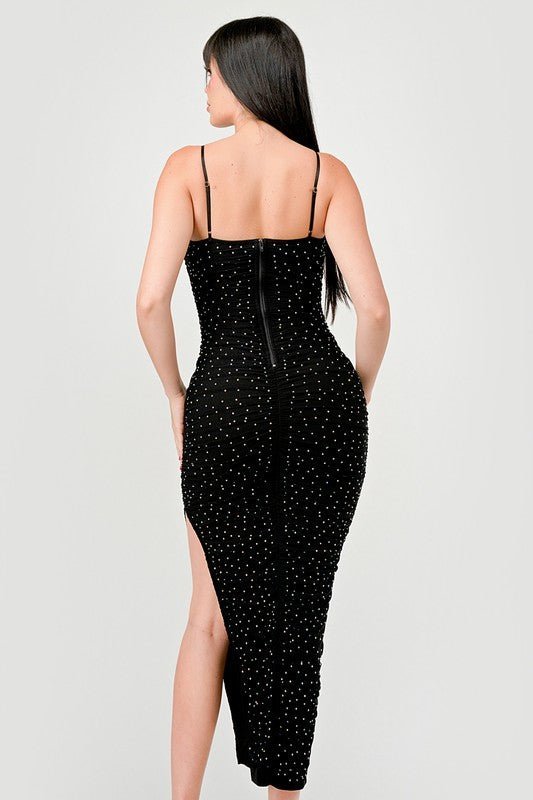 Black Mesh Rhinestone Midi Dress - STYLED BY ALX COUTUREDRESS