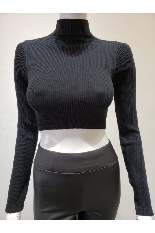 Black Neck Long Sleeve Crop Top - STYLED BY ALX COUTUREShirts & Tops