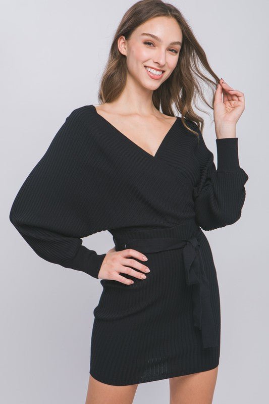 Black Off Shoulder Wrap Belted Ribbed Knit Dress - STYLED BY ALX COUTUREDRESS