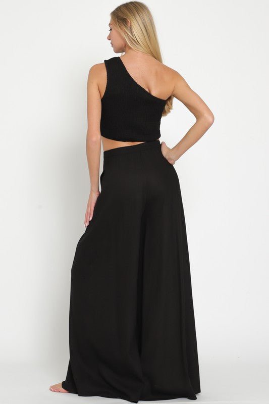 Black One Shoulder Smocked Top and High Waisted Pants - STYLED BY ALX COUTUREOutfit Sets