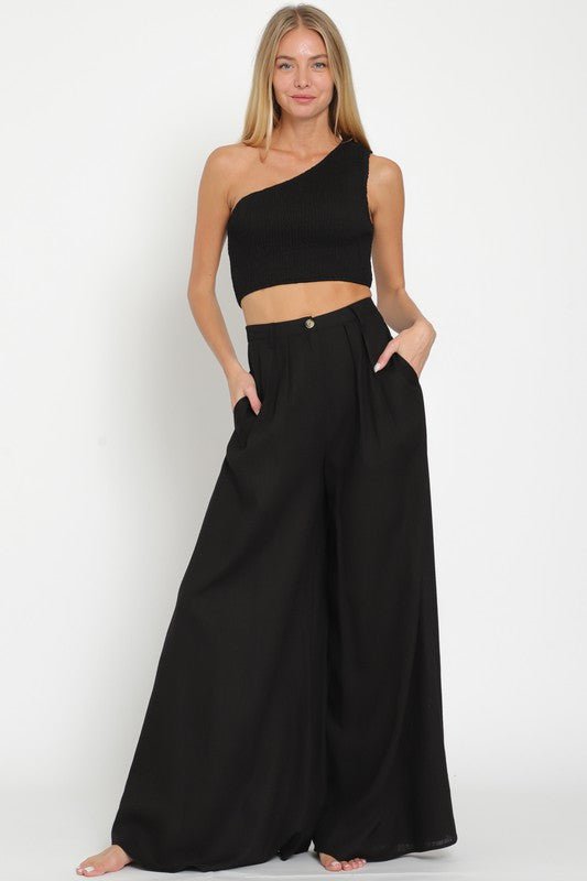 Black One Shoulder Smocked Top and High Waisted Pants - STYLED BY ALX COUTUREOutfit Sets