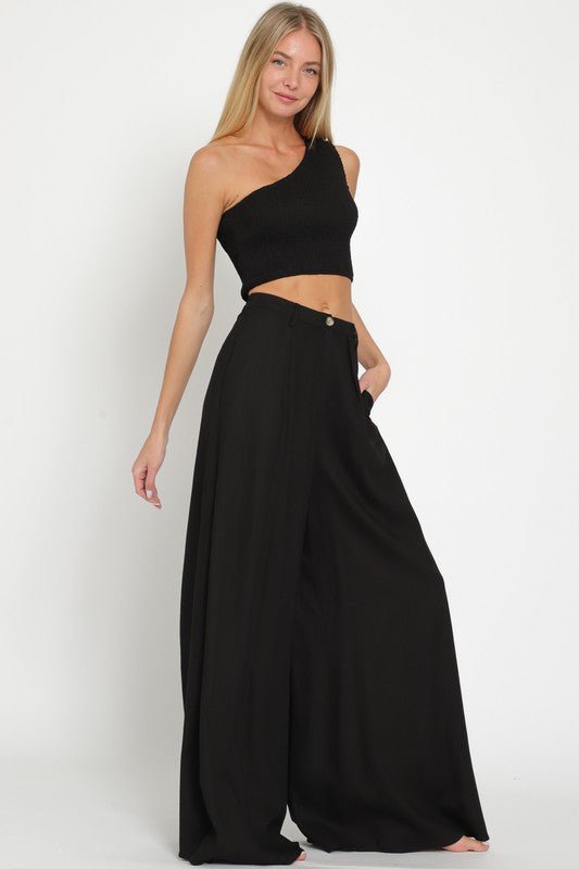 Black One Shoulder Smocked Top and High Waisted Pants - STYLED BY ALX COUTUREOutfit Sets