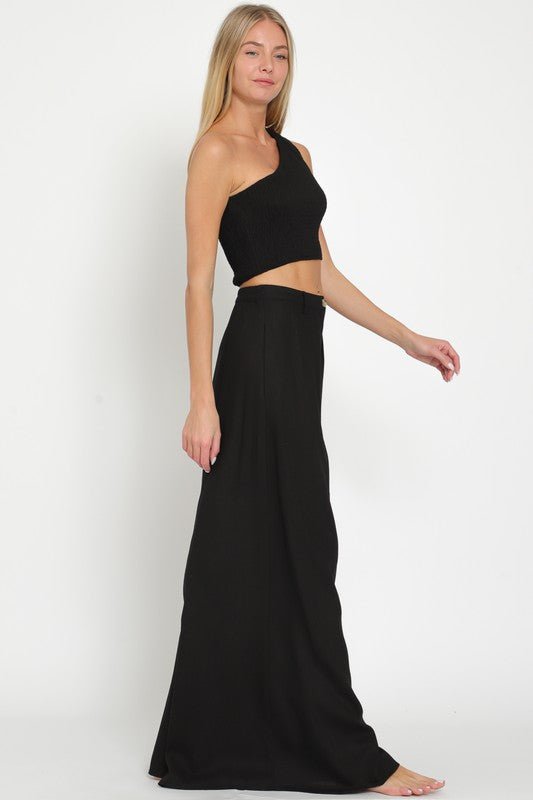 Black One Shoulder Smocked Top and High Waisted Pants - STYLED BY ALX COUTUREOutfit Sets