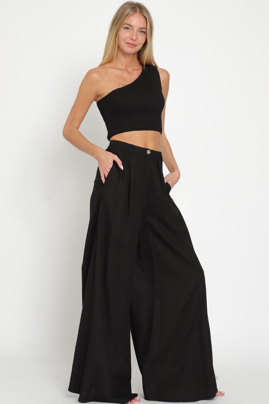 Black One Shoulder Smocked Top and High Waisted Pants - STYLED BY ALX COUTUREOutfit Sets