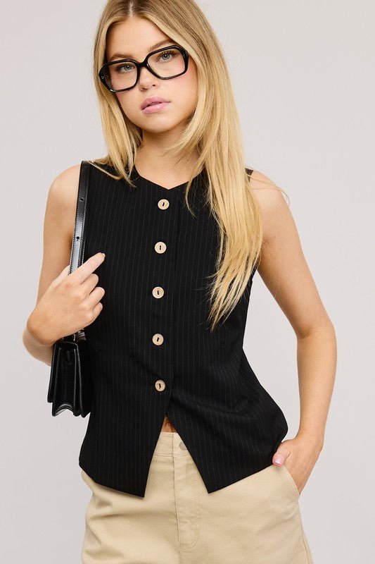 Black Pinstriped Button down Vest - STYLED BY ALX COUTUREvest