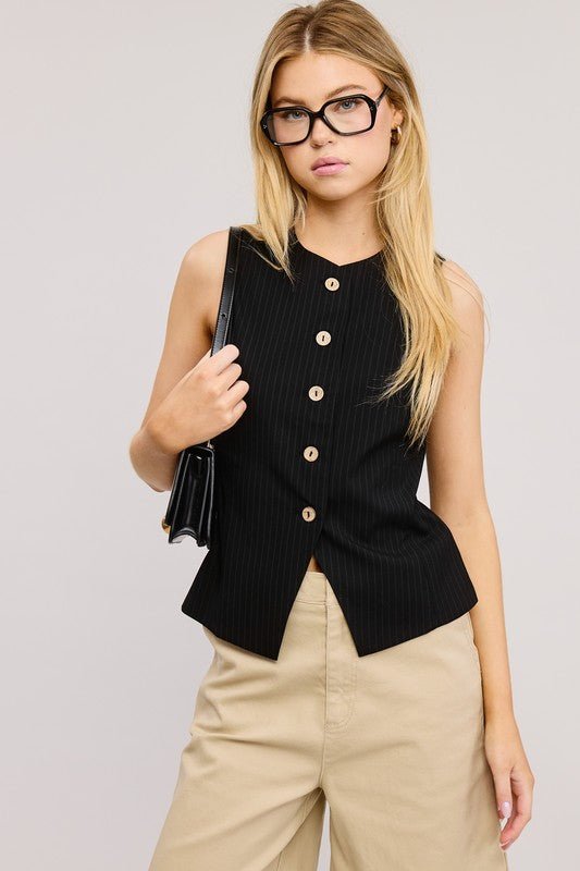 Black Pinstriped Button down Vest - STYLED BY ALX COUTUREvest