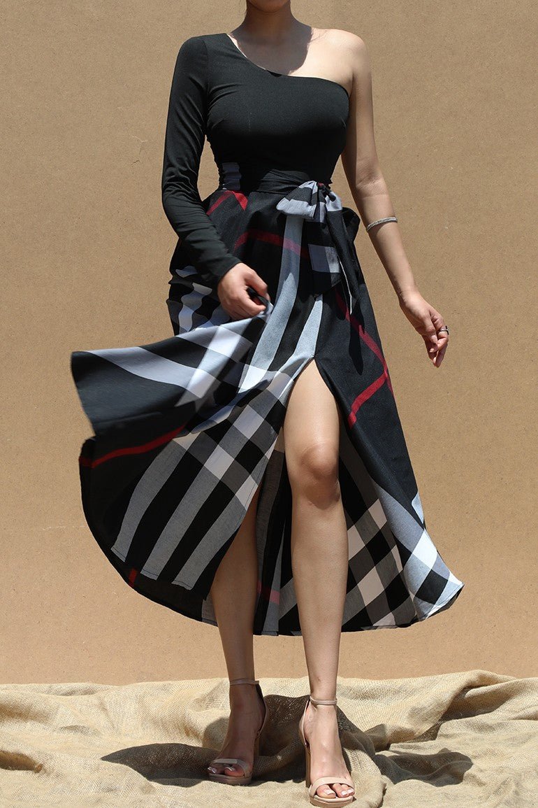 Black Plaid One Shoulder Midi Dress - STYLED BY ALX COUTUREDRESSES