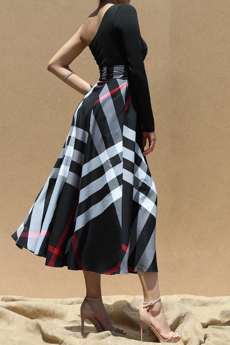 Black Plaid One Shoulder Midi Dress - STYLED BY ALX COUTUREDRESSES