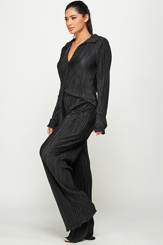 Black Pleated Shirts and Pants Set - STYLED BY ALX COUTUREOutfit Sets