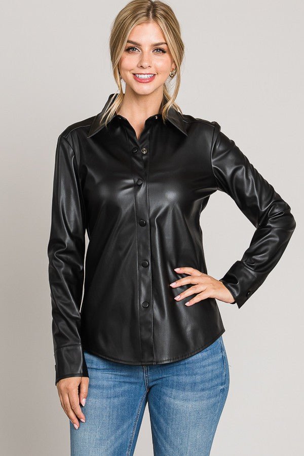 Black Pleather Snap Button Dress Shirt - STYLED BY ALX COUTUREShirts