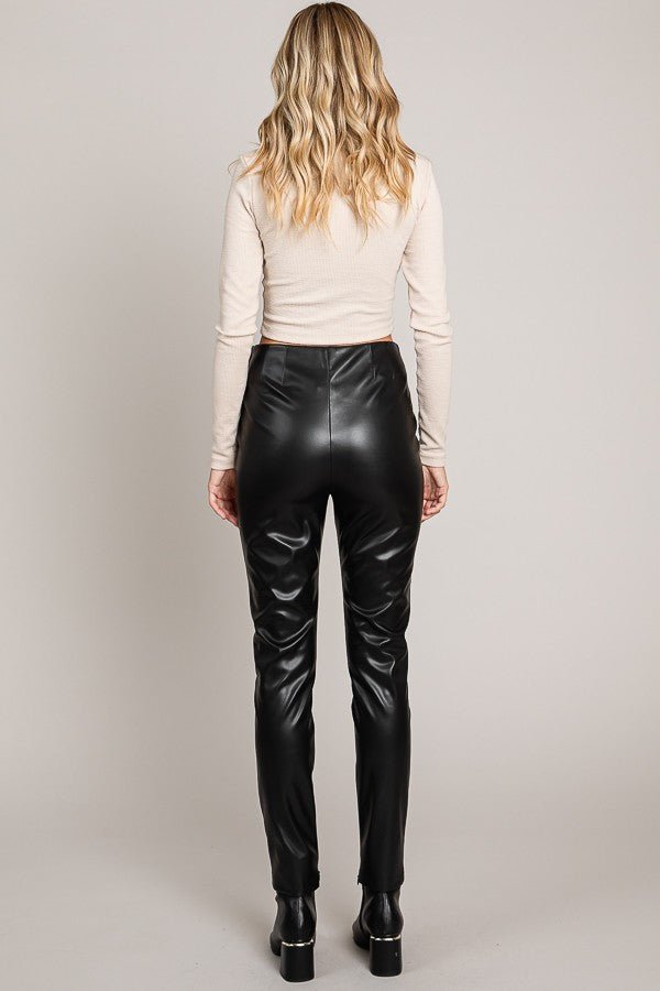 Black Pleather Zipper Leg Slit Tapered Trousers - STYLED BY ALX COUTUREPANTS