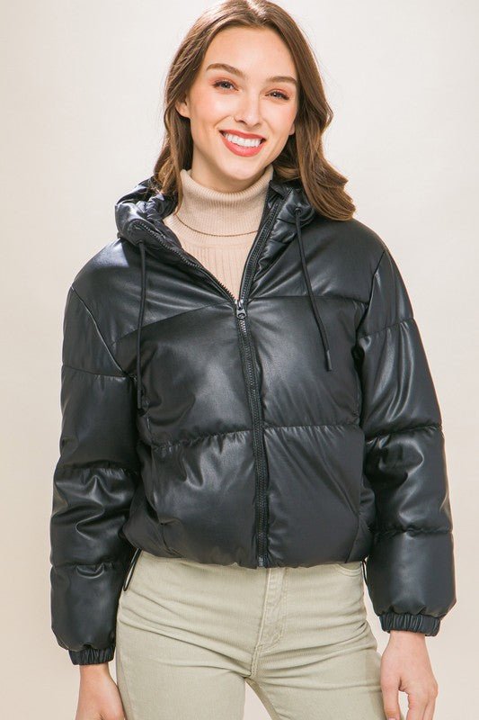 Black PU Faux Leather Zipper Hooded Puffer Jacket - STYLED BY ALX COUTURECoats & Jackets