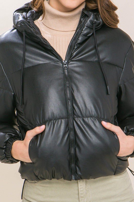 Black PU Faux Leather Zipper Hooded Puffer Jacket - STYLED BY ALX COUTURECoats & Jackets