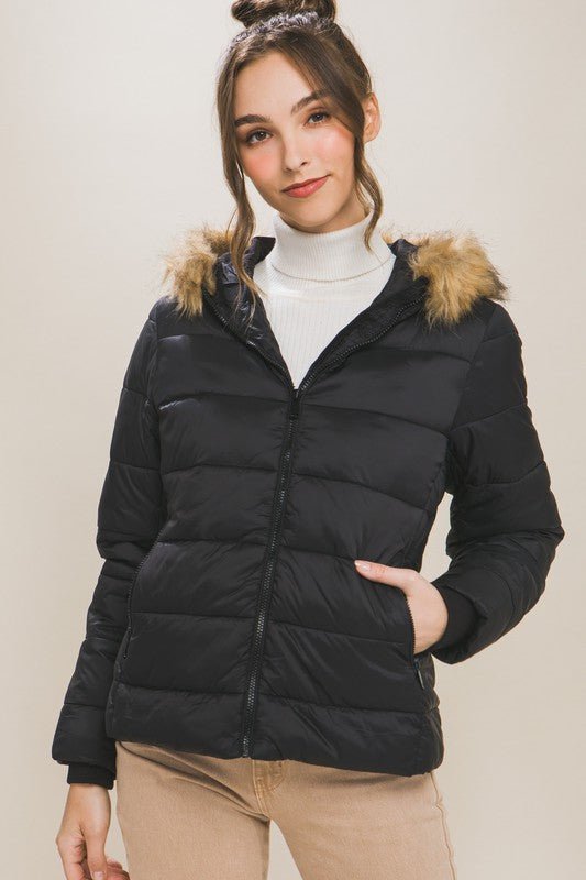 Black Puffer Jacket With Faux Fur Hoodie Lining - STYLED BY ALX COUTURECoats & Jackets