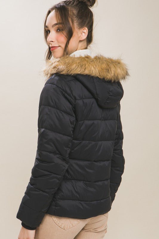 Black Puffer Jacket With Faux Fur Hoodie Lining - STYLED BY ALX COUTURECoats & Jackets