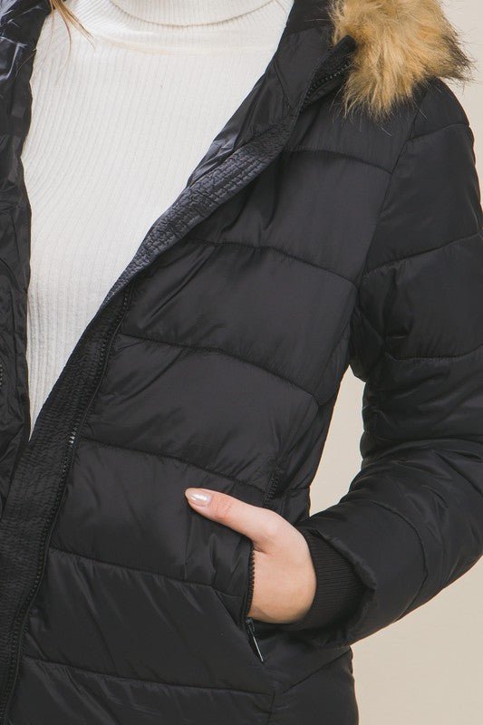 Black Puffer Jacket With Faux Fur Hoodie Lining - STYLED BY ALX COUTURECoats & Jackets