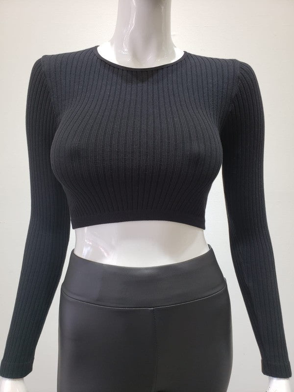 Black Ribbed Crop Round Neck Long Sleeve Crop Top - STYLED BY ALX COUTUREShirts & Tops