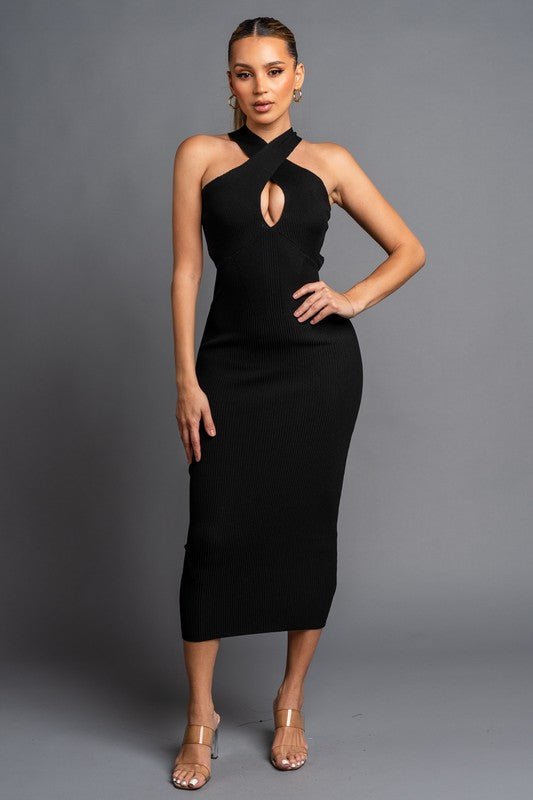 Black Ribbed Sweater Cross Neck Bodycon Midi Dress - STYLED BY ALX COUTUREDresses