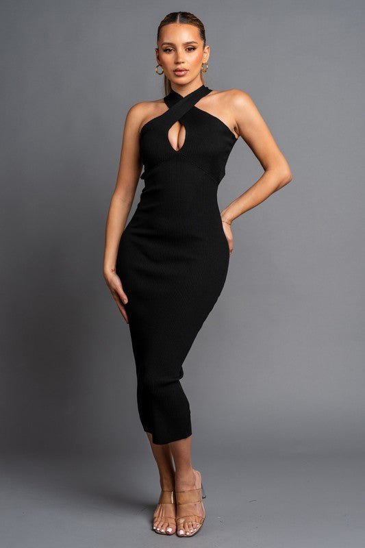 Black Ribbed Sweater Cross Neck Bodycon Midi Dress - STYLED BY ALX COUTUREDresses