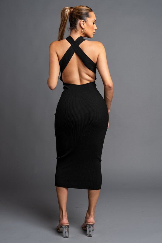 Black Ribbed Sweater Cross Neck Bodycon Midi Dress - STYLED BY ALX COUTUREDresses