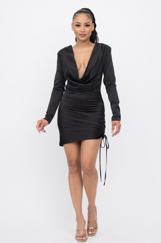 Black Ruched Cowl Neck Mini Dress - STYLED BY ALX COUTUREDresses