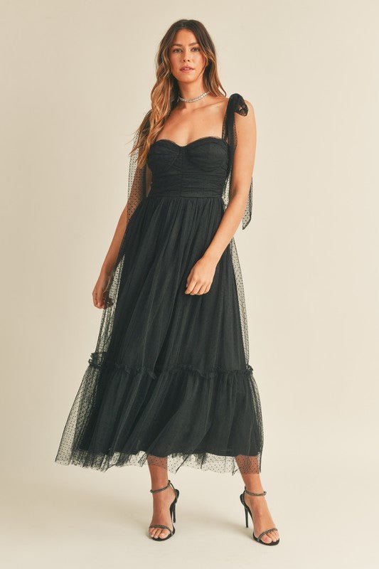 Black Ruched Tiered Tie Shoulder Mid Dress - STYLED BY ALX COUTUREDRESS