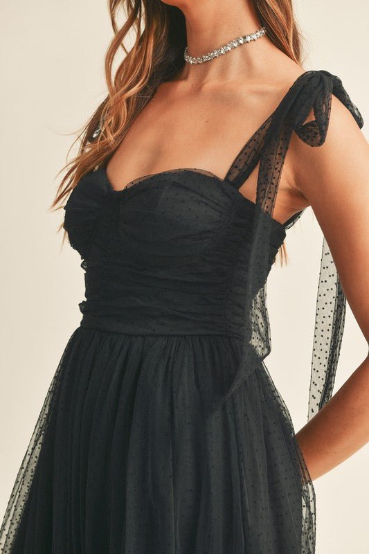 Black Ruched Tiered Tie Shoulder Mid Dress - STYLED BY ALX COUTUREDRESS