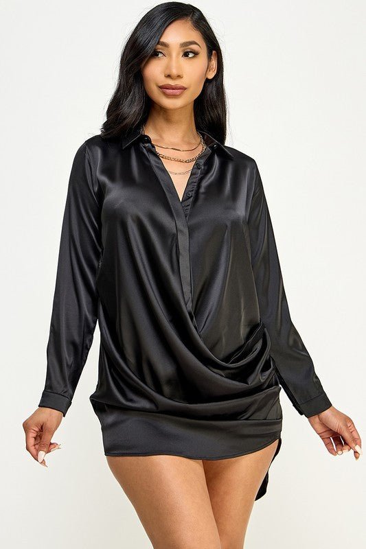 Black Satin Button Down Front Draped Shirt Dress - STYLED BY ALX COUTUREDRESS