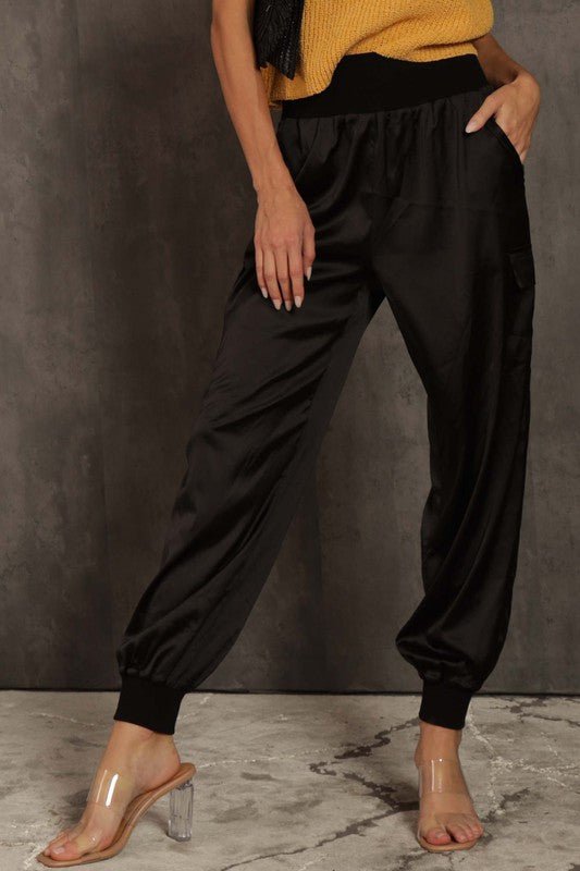 Black Satin Cargo Pants - STYLED BY ALX COUTUREPANTS