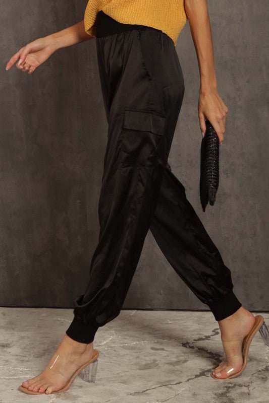 Black Satin Cargo Pants - STYLED BY ALX COUTUREPANTS