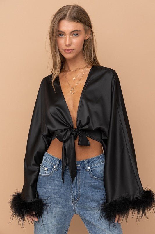 Black Satin Crop Cardigan Fur Cuff - STYLED BY ALX COUTUREShirts & Tops