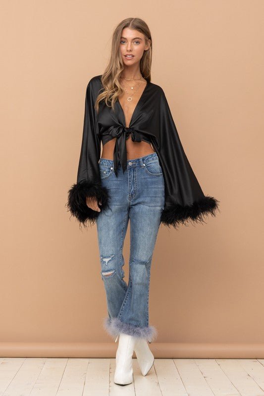 Black Satin Crop Cardigan Fur Cuff - STYLED BY ALX COUTUREShirts & Tops