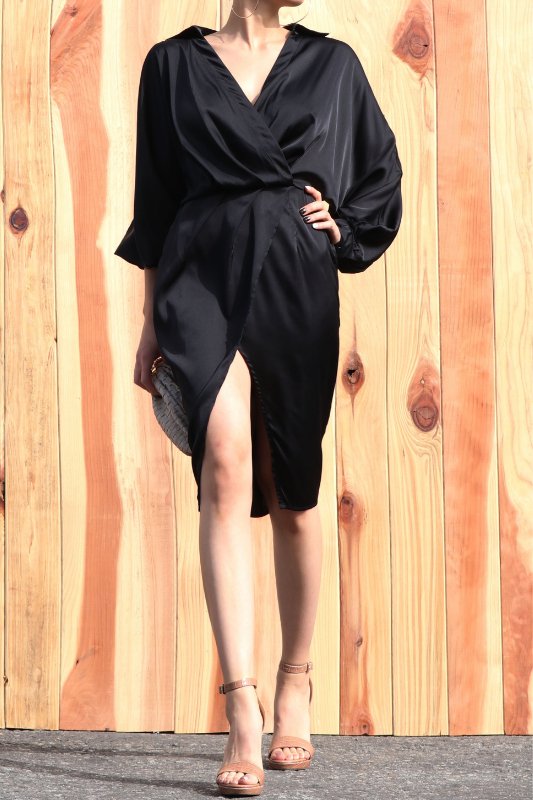 Black Satin Loose Fit Shirt Dress - STYLED BY ALX COUTUREDresses