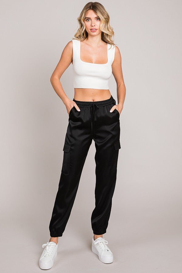 Black Satin Multi Pocket Jogger Pants - STYLED BY ALX COUTUREPANTS