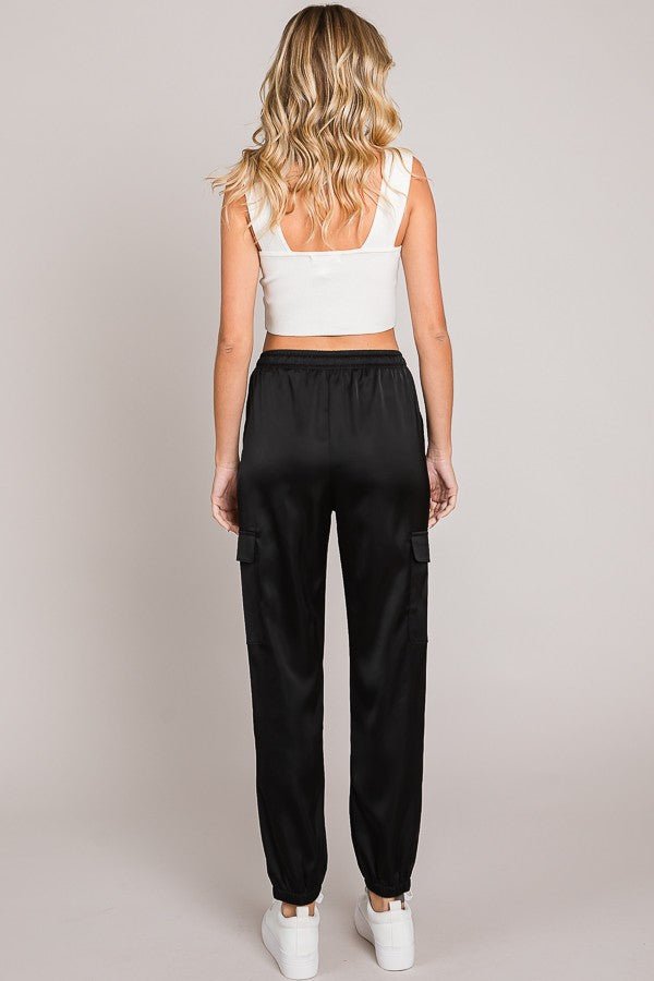 Black Satin Multi Pocket Jogger Pants - STYLED BY ALX COUTUREPANTS