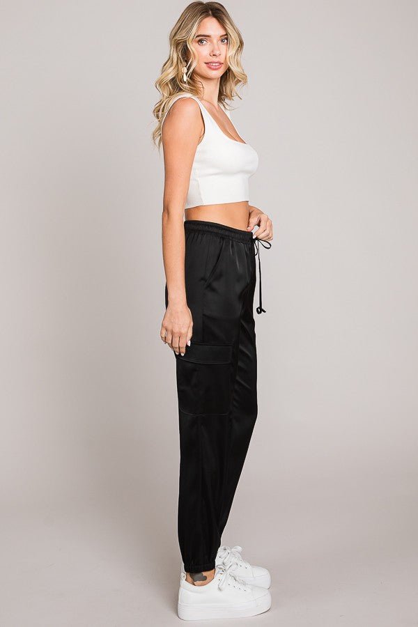 Black Satin Multi Pocket Jogger Pants - STYLED BY ALX COUTUREPANTS